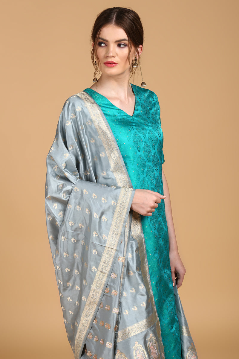 Buy Grey Mock Layer Dress With Pink Organza Dupatta Online - W for Woman